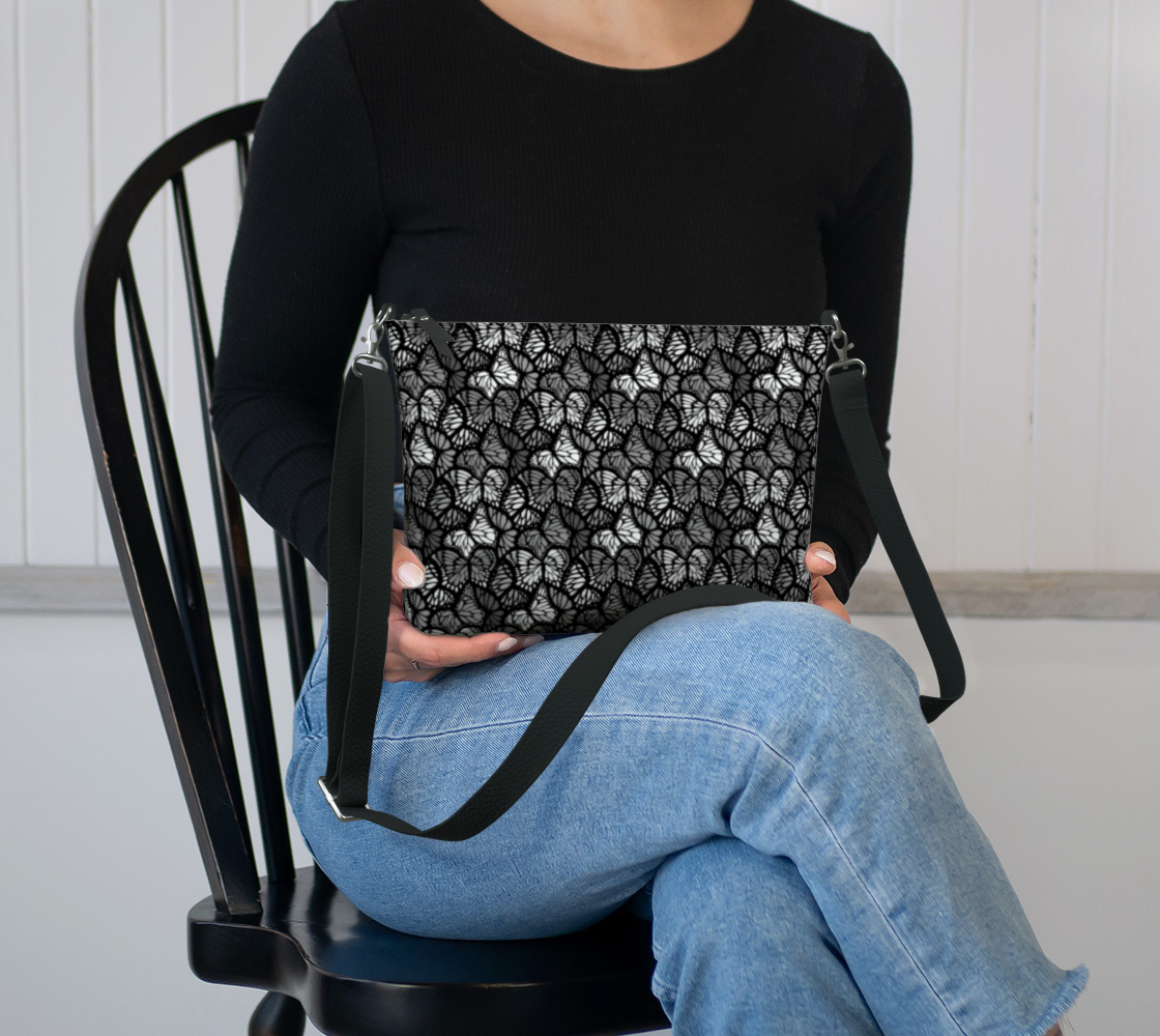 Vegan Leather Crossbody Purse (Grey Butterflies)